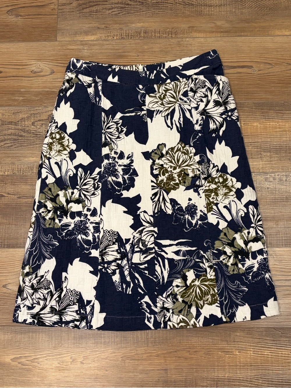 Christopher & Banks Navy, White & Olive Floral A-Line Skirt — Boho Classic Print